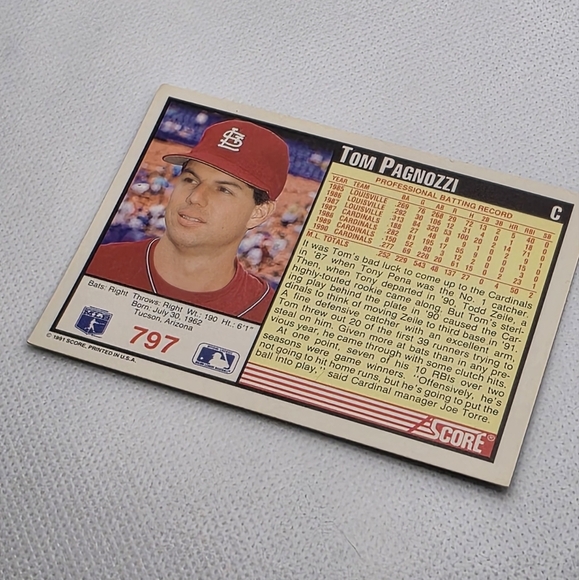 1991 Score Tom Pagnozzi St. Louis Cardinals #797 Baseball Card - Picture 3 of 4